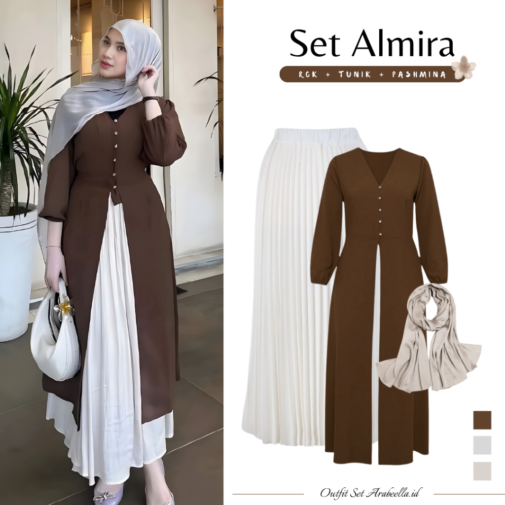 Setelan Wanita Almira ( Rok Plisket + Tunik Kancing + Pashmina Silk ) Outfit Hijab Kekinian Remaja |