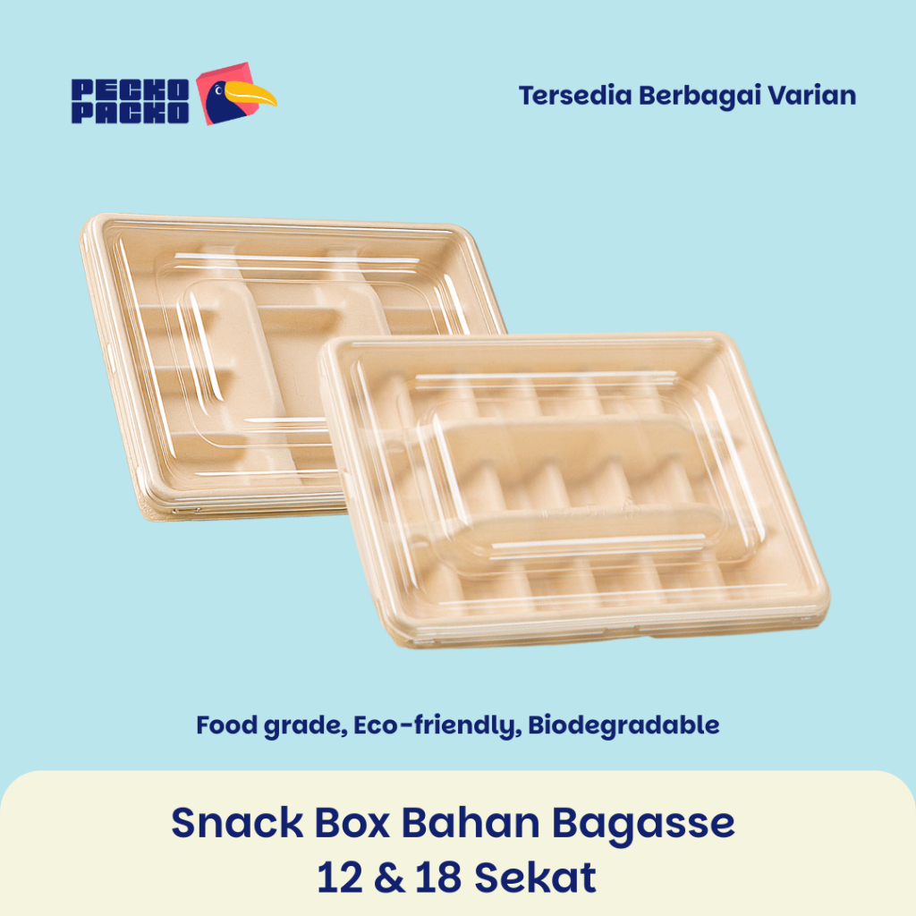 Snack Box Bahan Bagasse 12 & 18 Sekat Ramah Lingkungan - Packaging Makanan Dari Ampas Tebu Untuk Dum