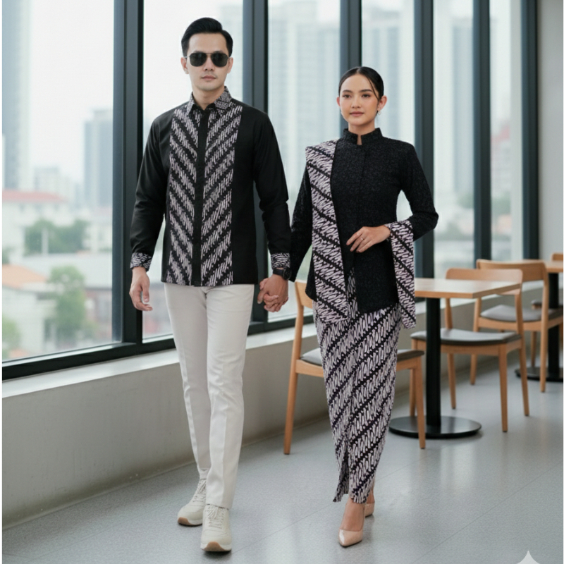 Batik Couple Termurah - Kebaya Couple fukuro kemeja Batik Kombinasi Katun Hitam Modern Outfit Kondan