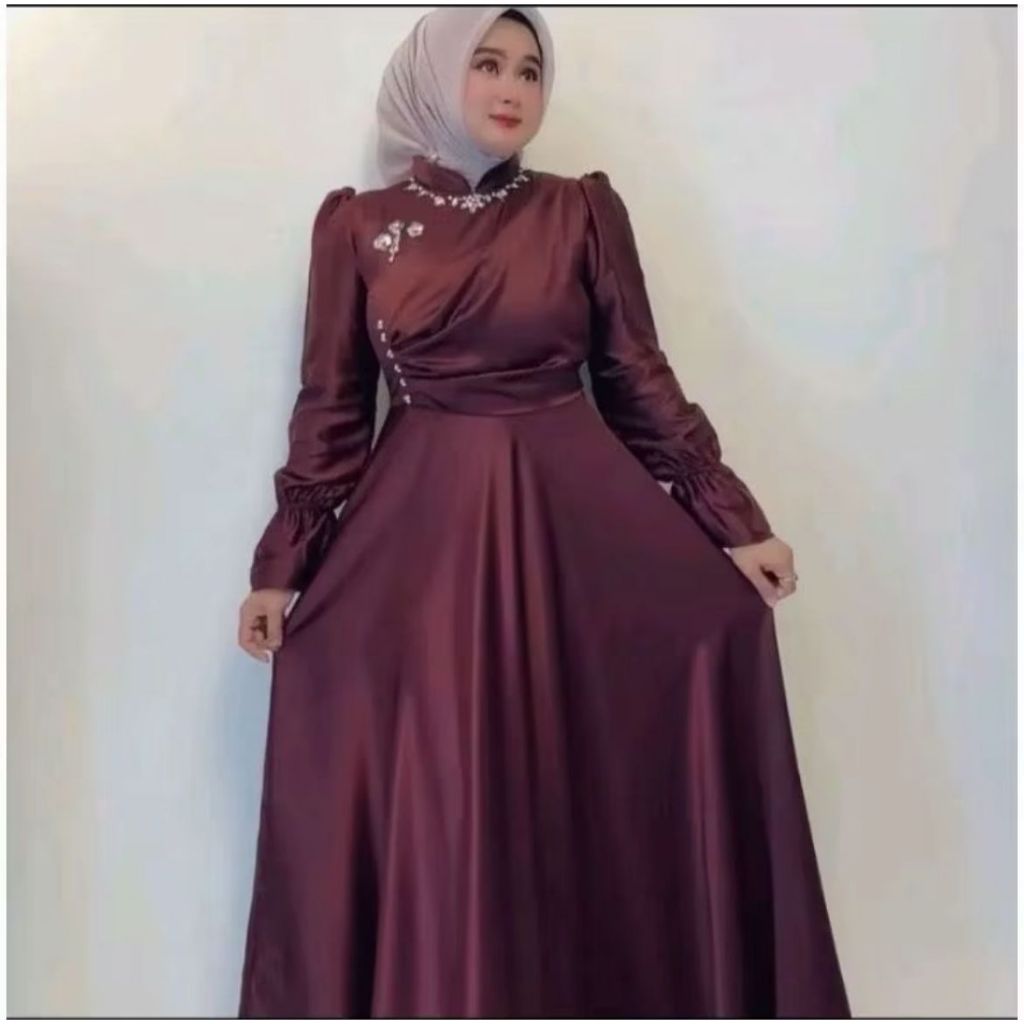 NINE OUTFIT // Queen Dress Satin Mix Payet Terbaru // Gamis Wanita Fit Body Mayung // Dress Kondanga