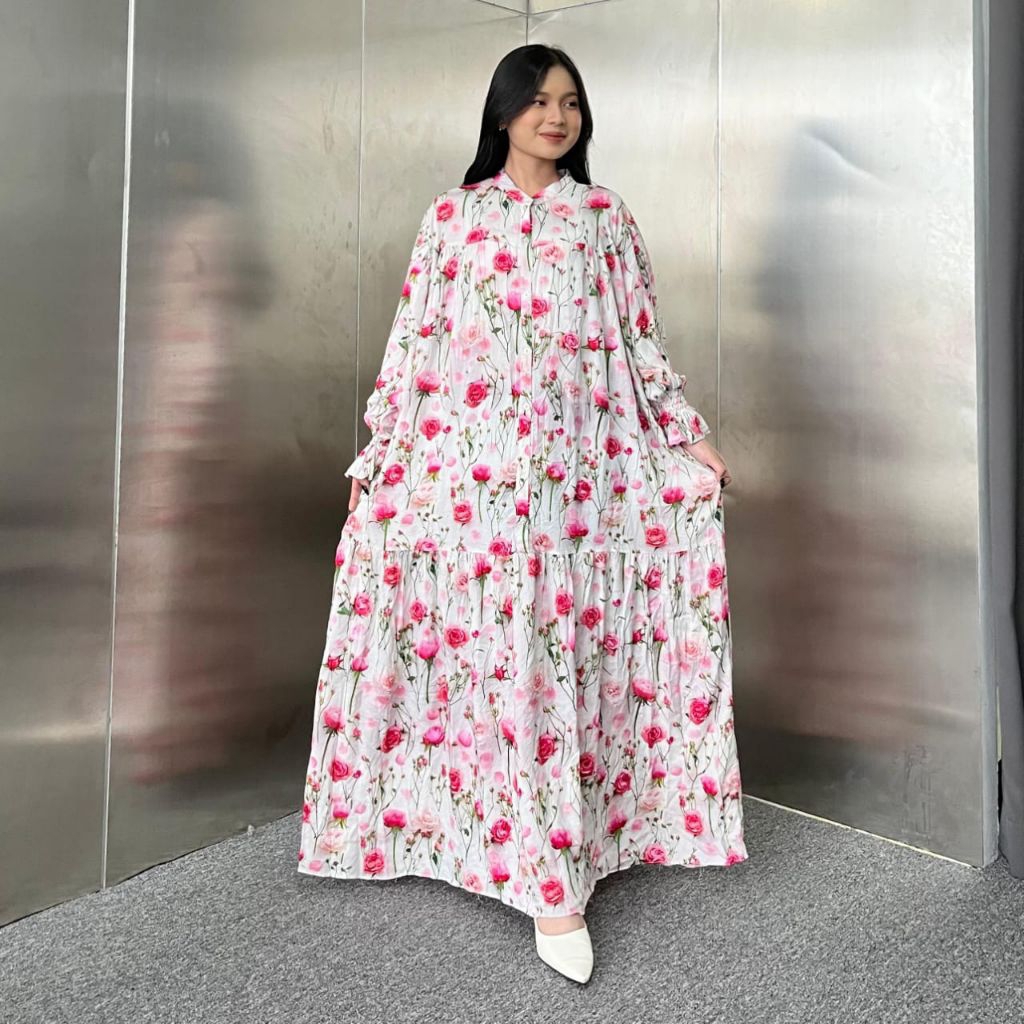 gamis rayon motif lengan balon