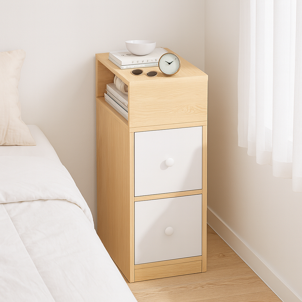 Meja Samping Kasur Nakas Kayu Minimalis Rak Buku Penyimpanan Dua Laci Serbaguna