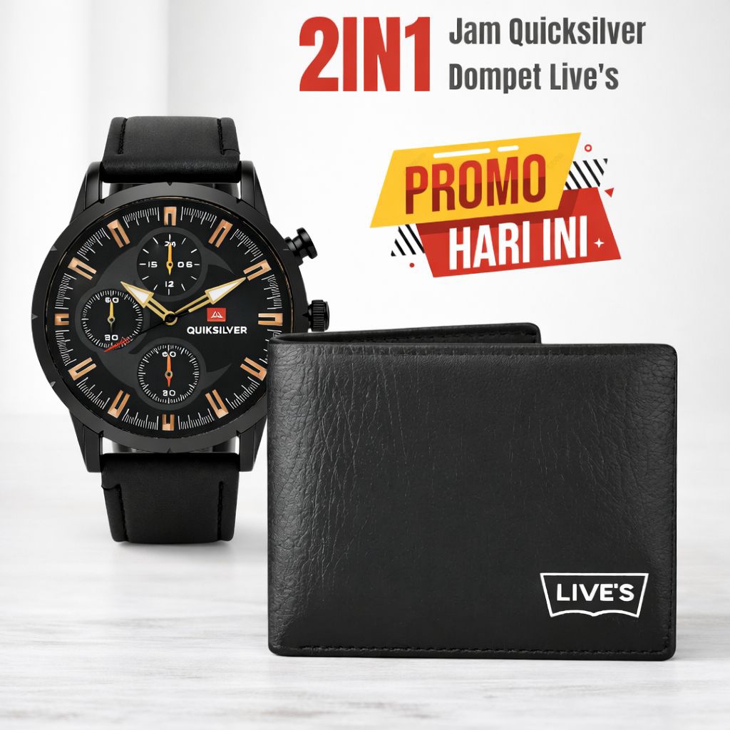 Paket 2in1 Dompet Lipat Pria Kulit PU Set Jam Tangan Analog Pria Quicksilver Tali Kulit Leather Prem