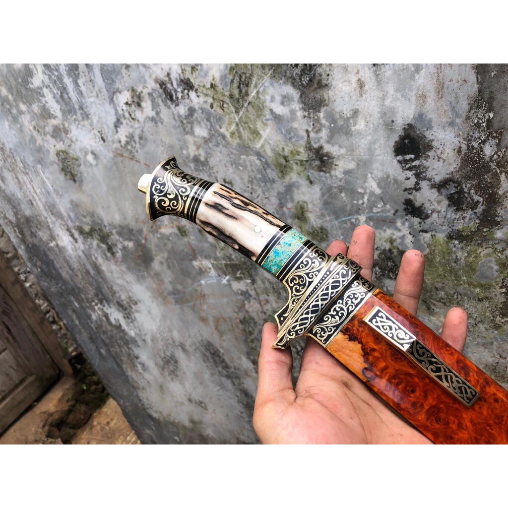 Pisau Sembelih Baja ELMAX 26cm 59 HRC Tajam - Sarung Kayu BURL, Gagang Tanduk, Fulltan di Pin