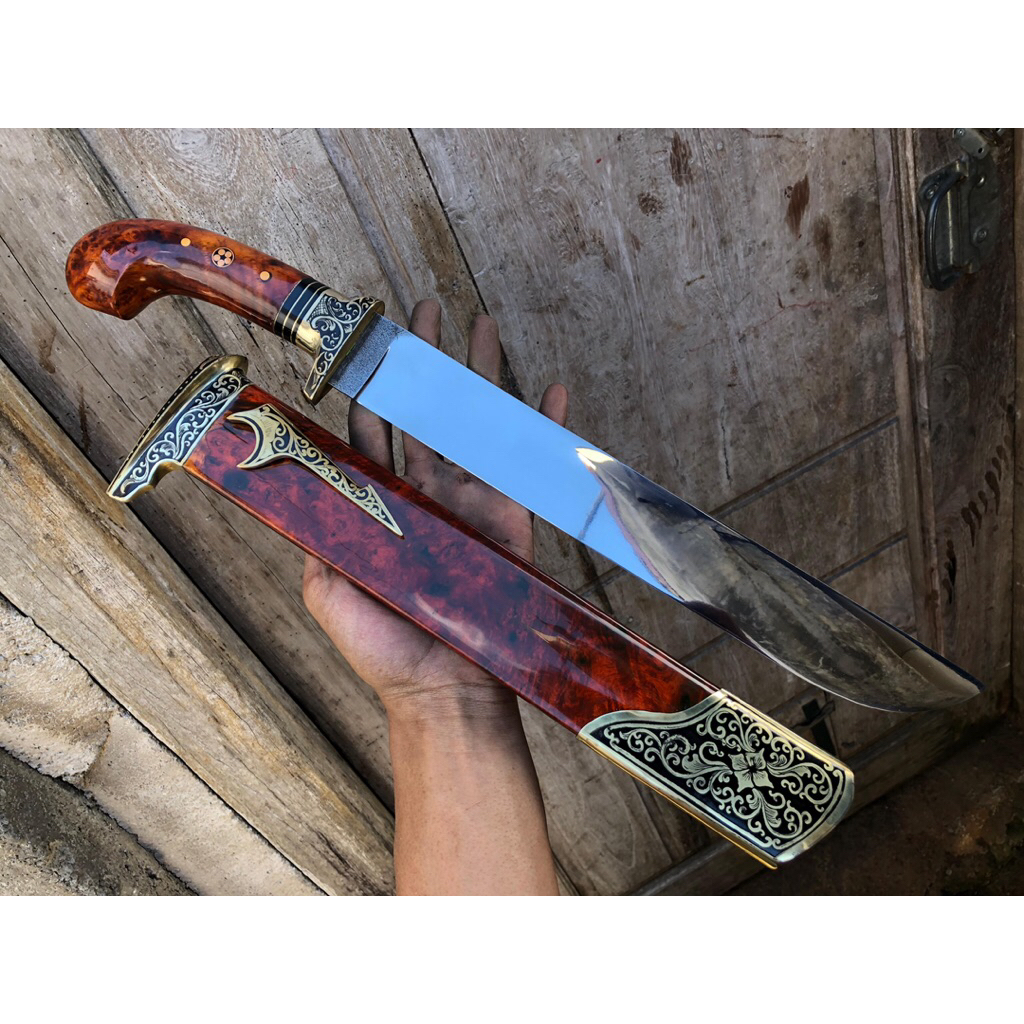 Pisau Sembelih Baja BOHLER N690 30cm 59 HRC Tajam - Sarung Kayu BURL, Gagang Tanduk, Fulltan di Pin