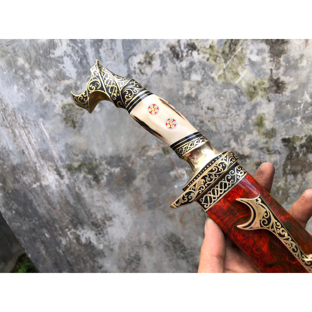 Pisau Sembelih Baja BOHLER N690 40cm 59 HRC Tajam - Sarung Kayu BURL, Gagang Tanduk, Fulltan di Pin