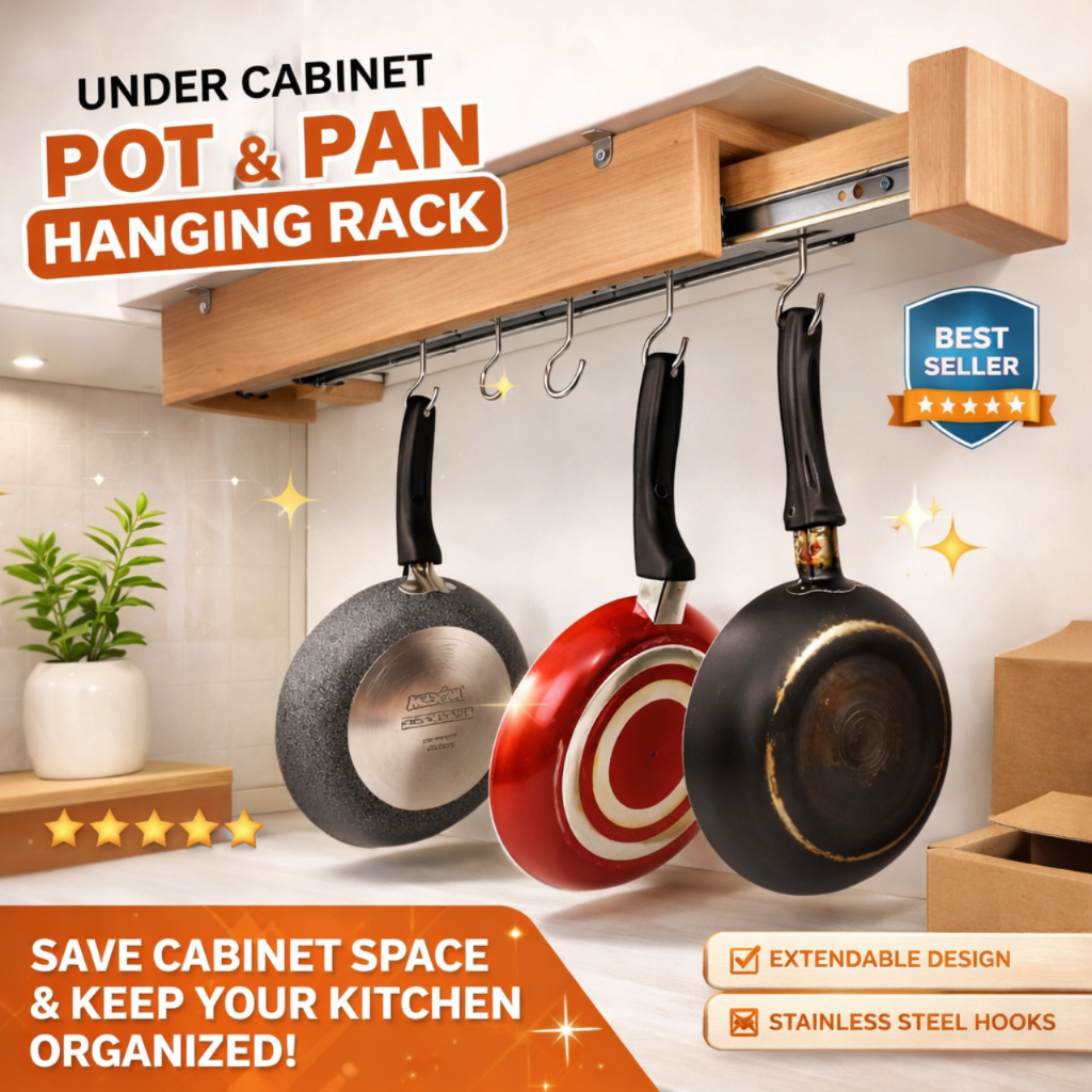 Gantungan Panci Kolong Dapur Multifungsi  Rel Tempat Gantung Rell Tarik Dorong – Untuk Panci & Wajan