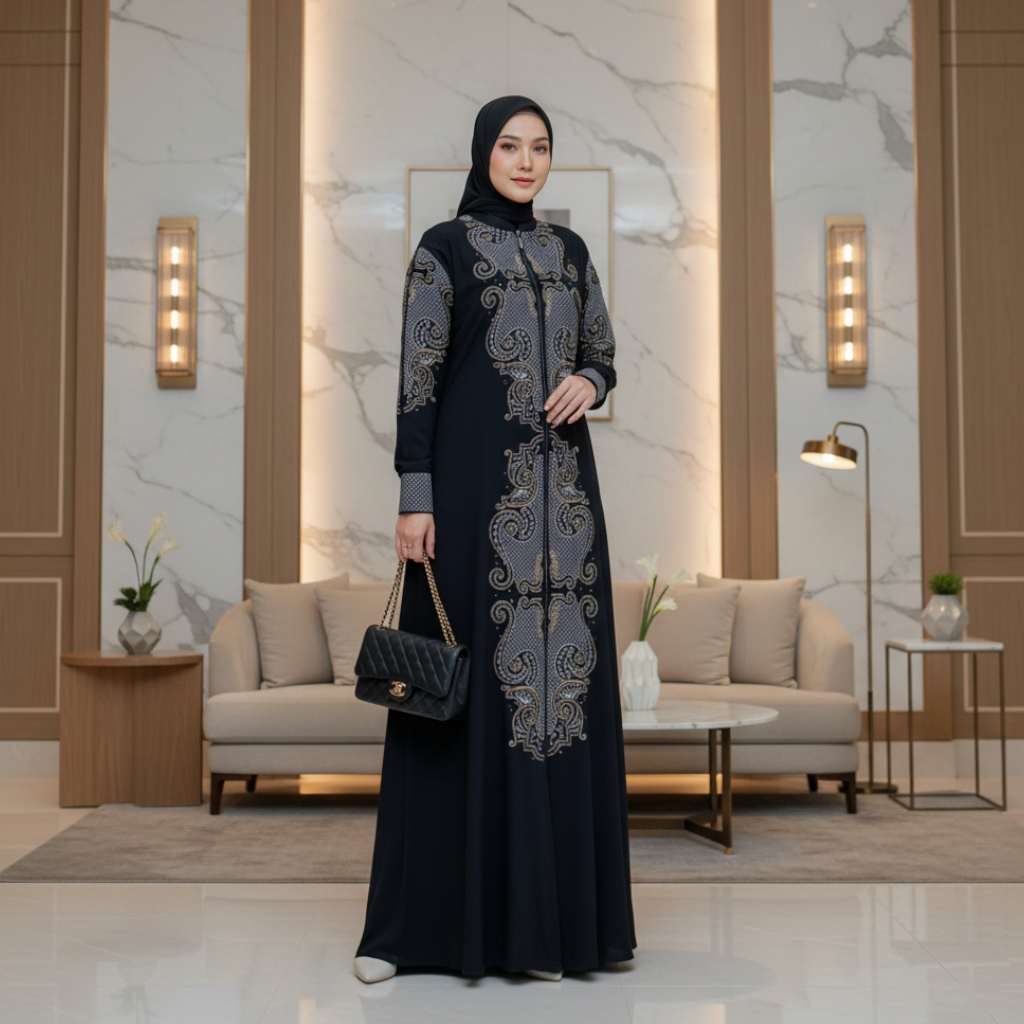 Dress Karmelia Baju Gamis Set Hijab Ceruti Babydoll Motif Bordir Aksen Payet Model Mewah Elegan