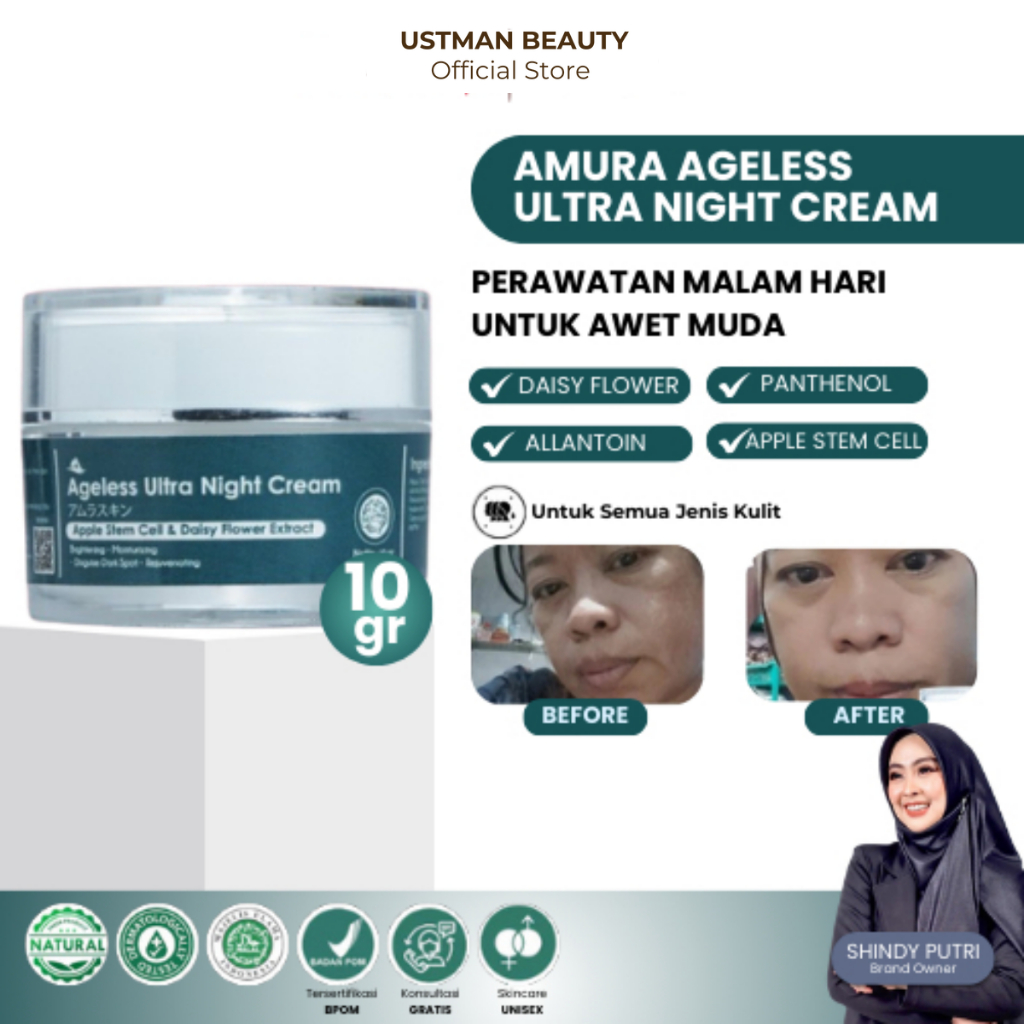 Amura Ageless Ultra Night Cream 10g Krim Malam Pemutih Wajah Glowing Menyamarkan Noda Hitam SALE