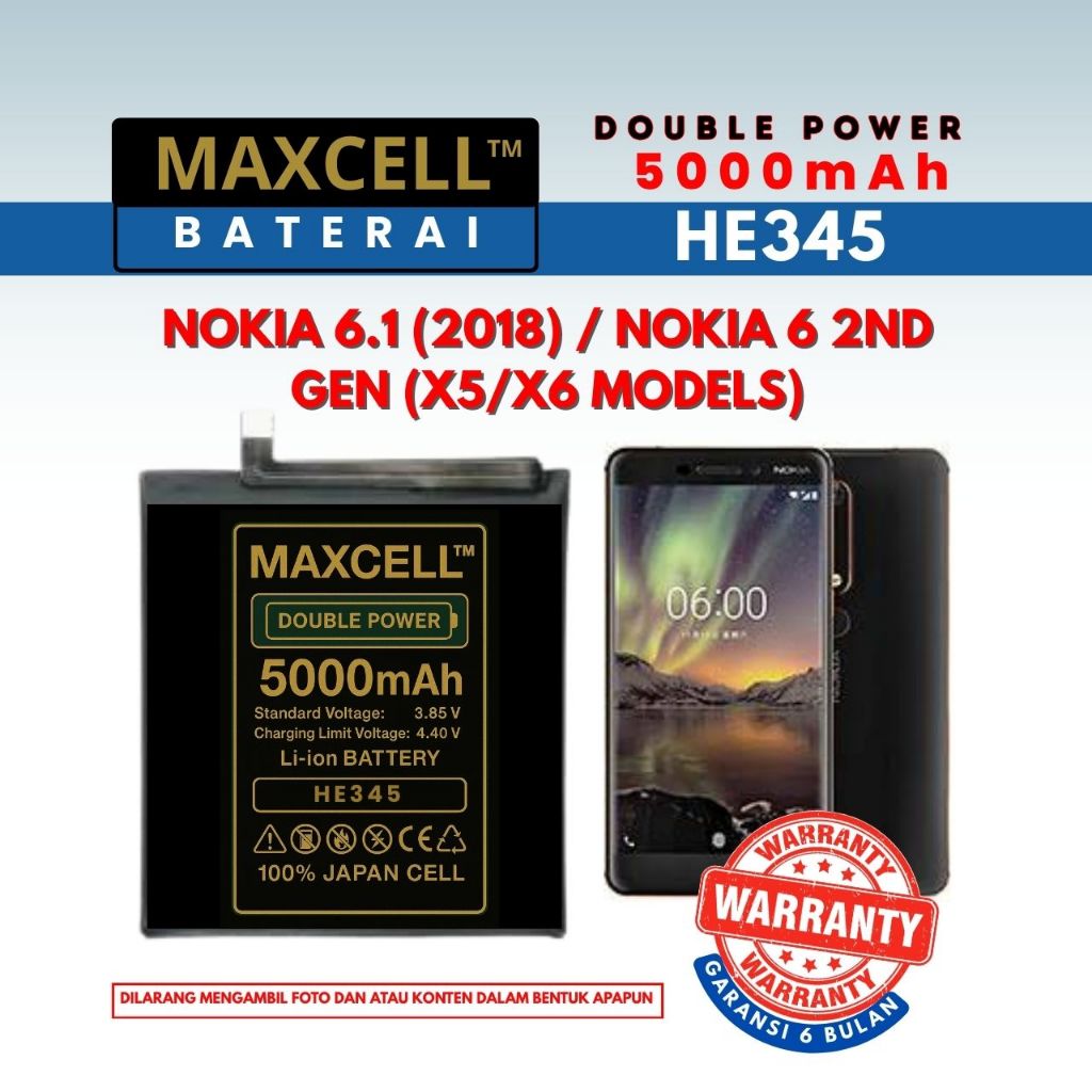 Baterai Maxcell HE345 Compatible Nokia 6.1 (2018) / Nokia 6 2nd Gen (X5/X6 models) Double Power 5000