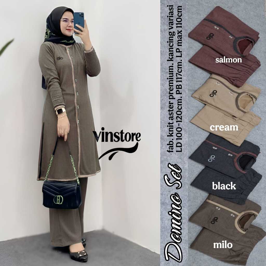 Domino Setelan Tunik Rajut Panjang Knit Aster Premium Original alo Kancing Depan Busui Friendly Jumb