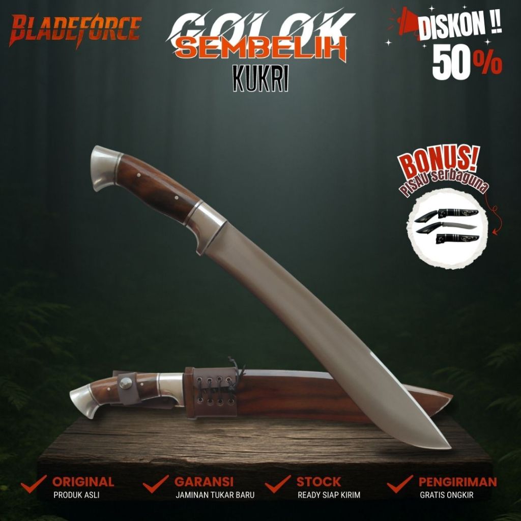 Pisau Tebas Model Kukri - Baja Sarung Kayu Senokeling