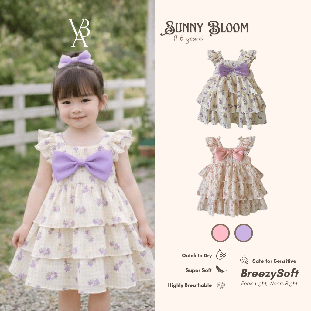 Venta Baby - Sunny Bloom Dress Gaun Katun Crinkle Puff Pita Anak Perempuan Musim Panas 1-6 Tahun