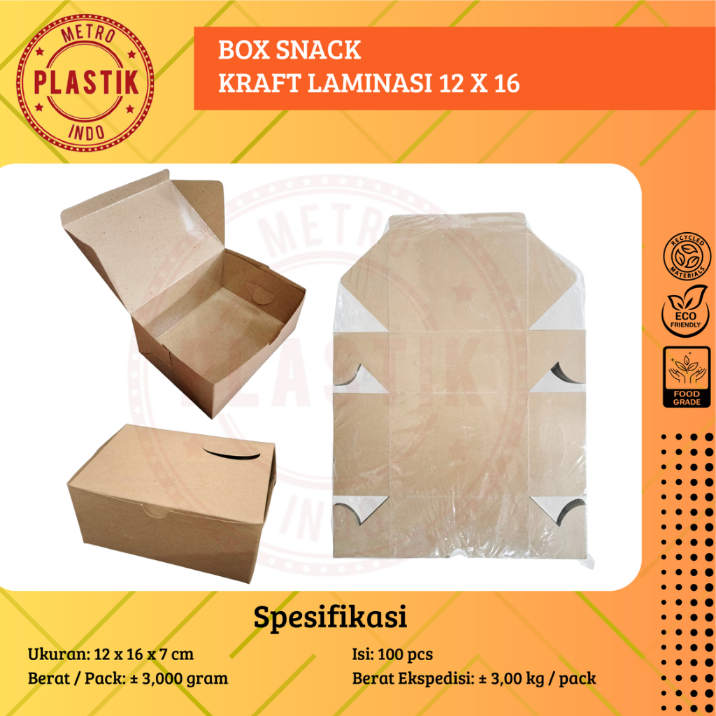 Box Kraft Snack Laminasi 12x16 Dus Kotak Kue Makanan 12 x 16 Coklat