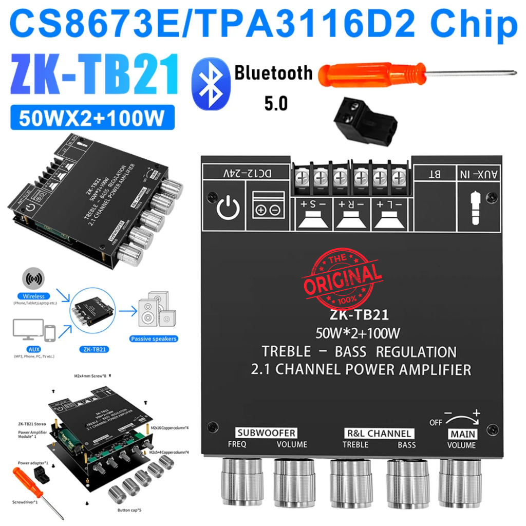 ZK Audio Bluetooth Audio Receiver 5.0 Amplifier 2.1 50Wx2+100W - ZK-TB21