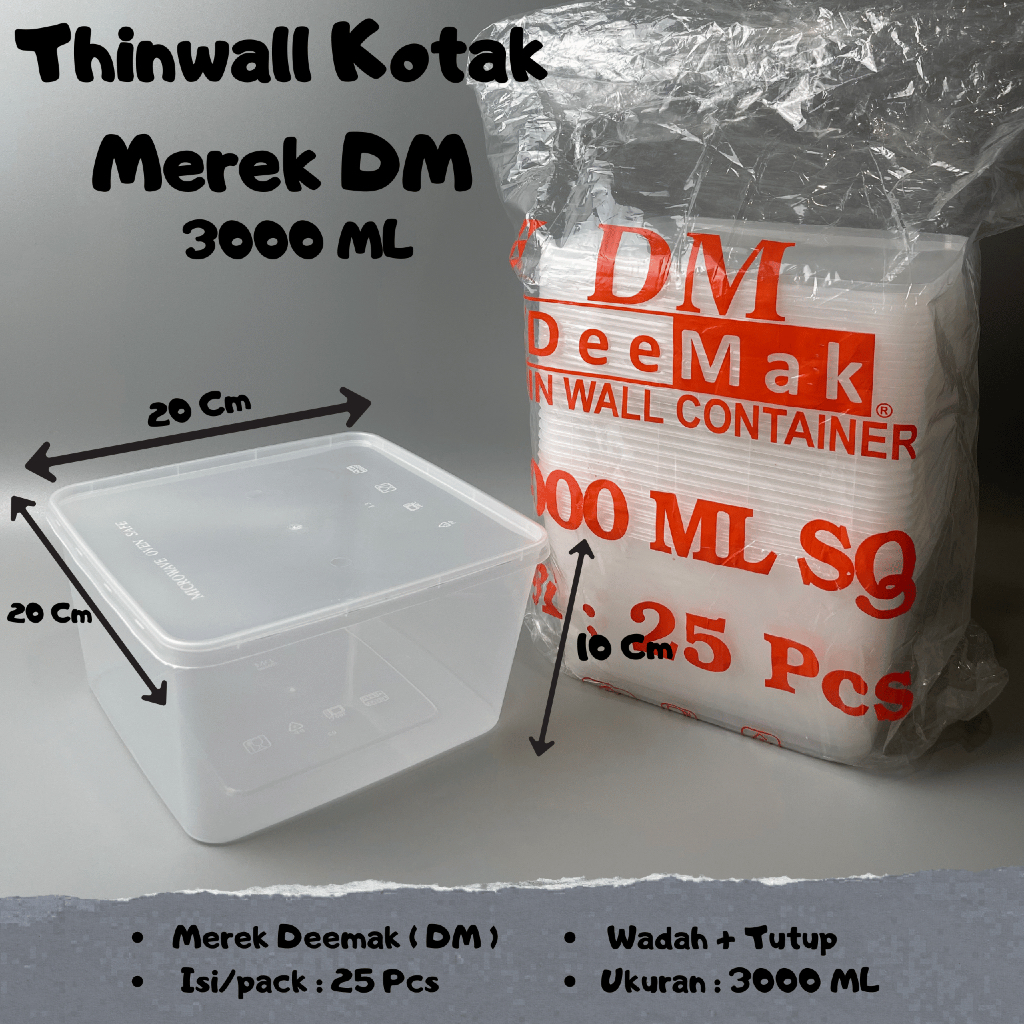 Thinwall Kotak DM 3000 ml Isi 25 Pcs / Kotak Makan Plastik / Thinwall SQ DM 3000 ml / Anti Pecah