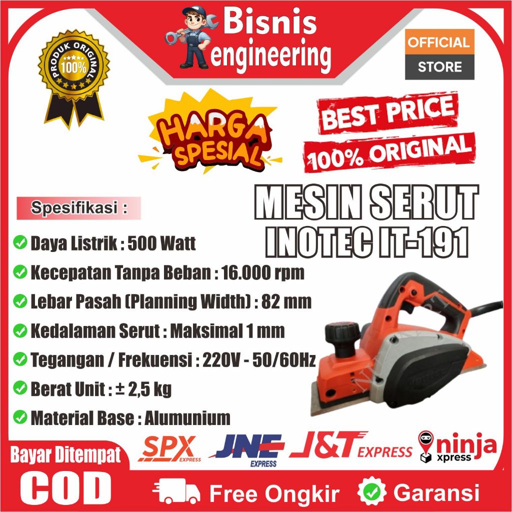 INOTEC IT-191 Mesin Serut Kayu Electric Planer 82mm Ketam Kayu Listrik 500W IT 191