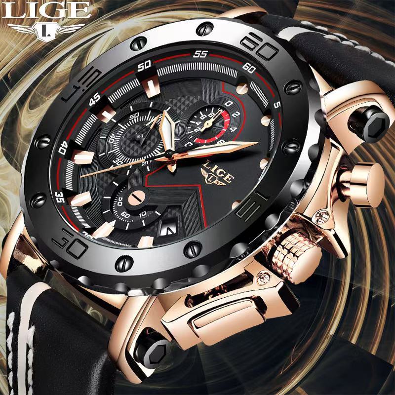 LIGE Fighting Quartz Watch Calendar Multi functional Waterproof Watch Chronograph