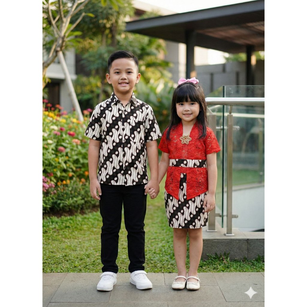 Couple Setelan Kebaya Anak Bali 2025 Bahan Brokat Dan kemeja Hem anak S-XXL