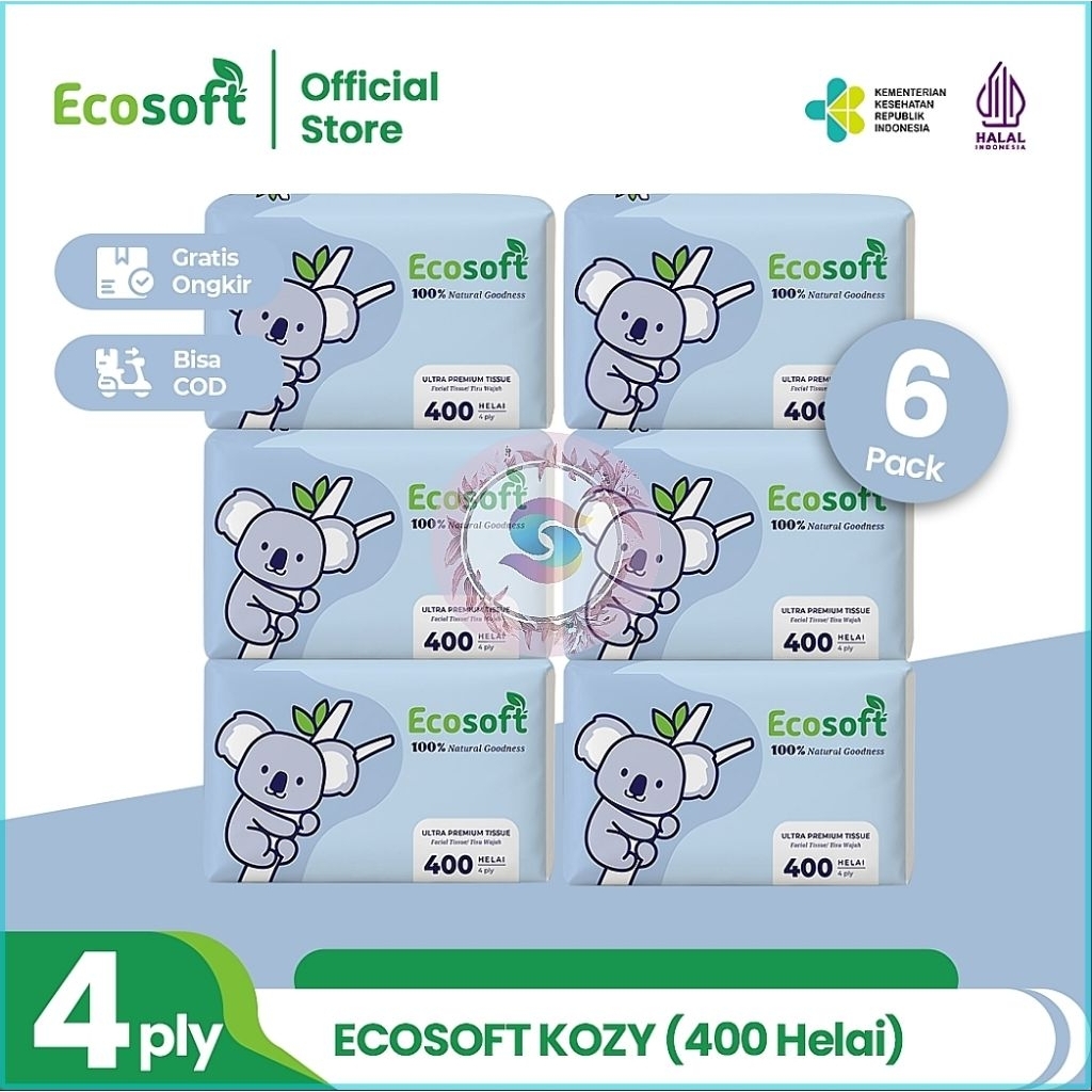 [Promo Bundling 6 Pack] Tisu ECOSOFT KOZY Facial Tissue 4 Ply 400 Helai Tisu Wajah Ultra Premium Lem