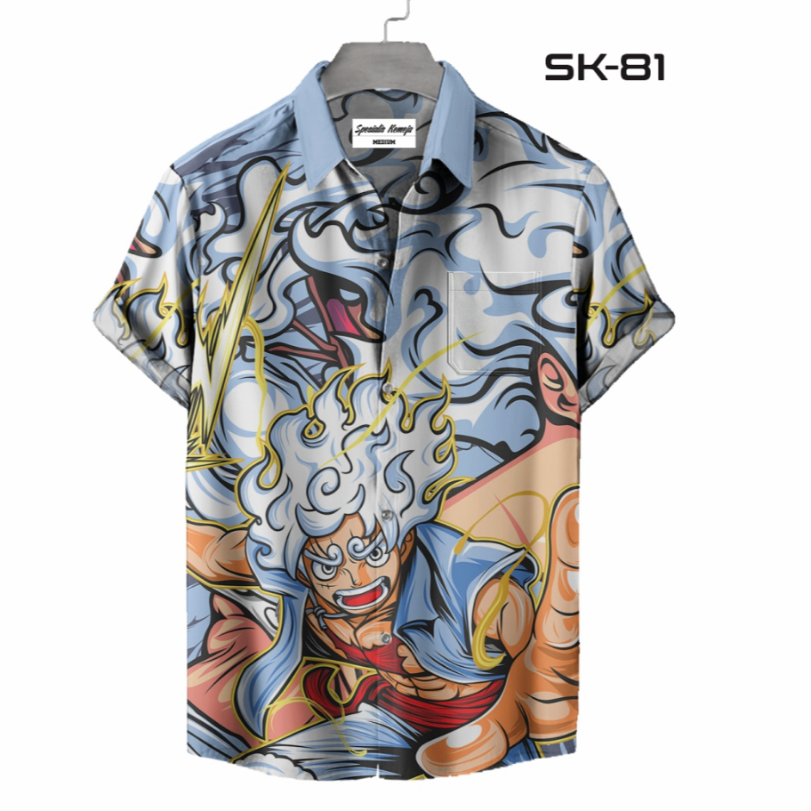 Kemeja Pria Casual Santai Motif Anime One Piece Monkey D. Luffy Gear 5 Printing Tangan Panjang Pende