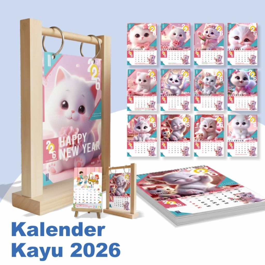 Kalender New 2026 Set Stand Gantungan Kayu Kalender Meja Aesthetic