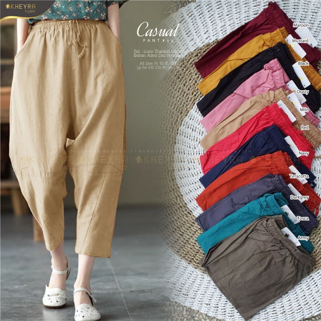 Celana Harem Casual Pant #15 Original KHEYRA HIJAB Bahan Linen Thailand Import Premium Adem Nyaman J