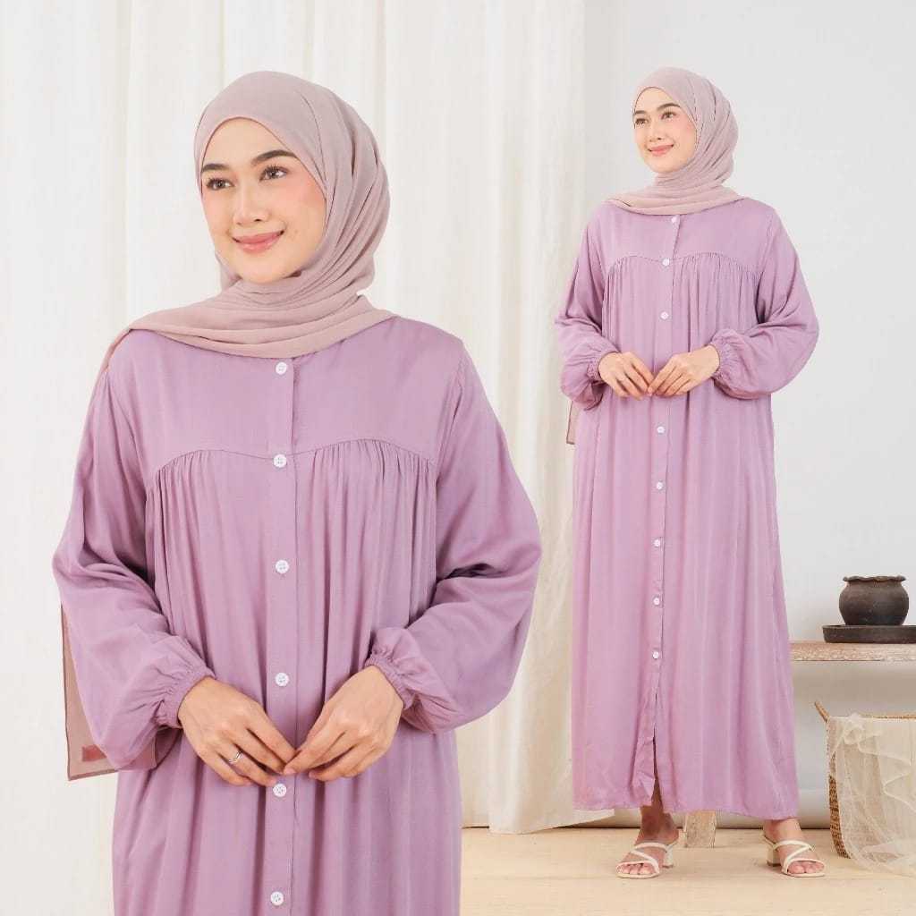 Shakia Twill Gamis Muslim Wanita Gamis Rayon Twill Polos kancing Depan Wanita Muslimah Busui