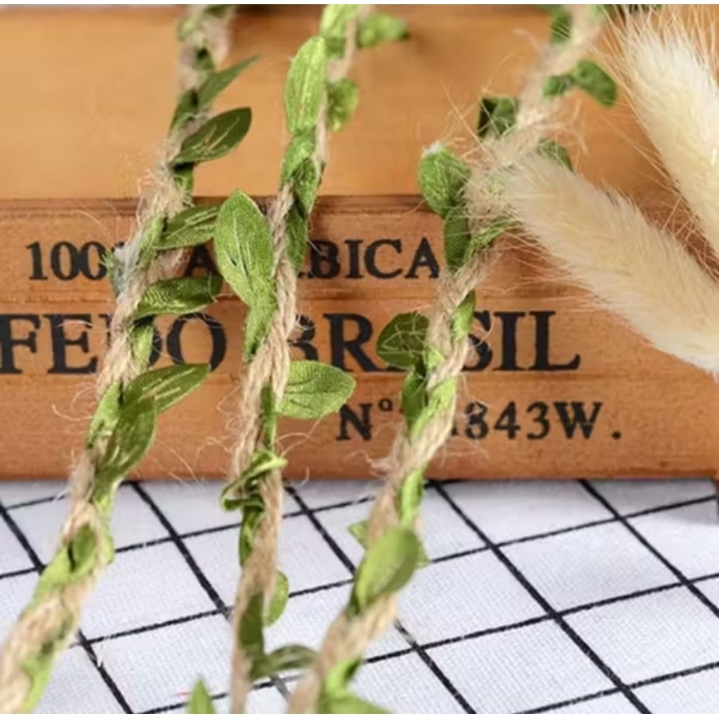 PITA GONI DAUN- PITA RAMI HIJAU RIBBON JUTE 3M TALI DEKORASI TALI UNDANGAN DAUN ARTIFISIAL
