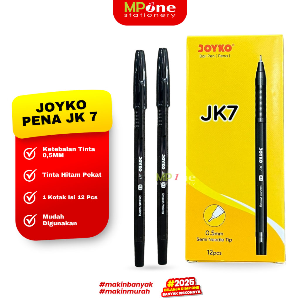 1(KOTAK) Joyko Pena Tinta Hitam 0,5mm JK7 / Pulpen Murah Tinta Hitam Isi @12pcs JOYKO