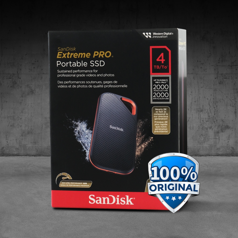 4TB SanDisk Extreme PRO Portable SSD 2000MB/s USB Type C 3.2 SDSSDE81 Hitam Kecepatan Tinggi Enkrips