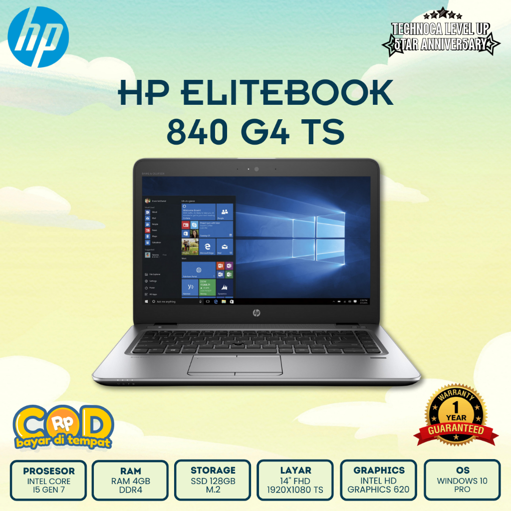 LAPTOP HP ELITEBOOK 840 G4 I5 GEN 7 RAM 8GB SSD 128GB GARANSI 1 TAHUN