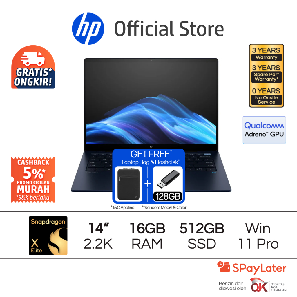 Laptop HP EliteBook G1q Snapdragon X Elite Qualcomm Adreno 16GB RAM 512GB SSD Windows 11 Pro 14 Inch