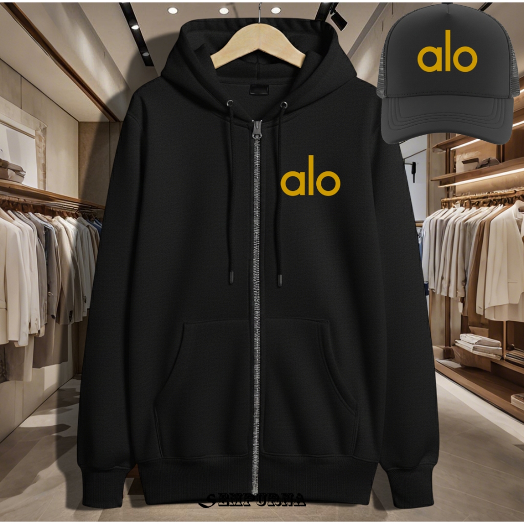 BONUS TOPI JAKET ALO GOLD DISTRO FLEECE//JACKET/HOODIE/VARSITY FASHION UNISEX//PRIA DAN WANITA//GOOD