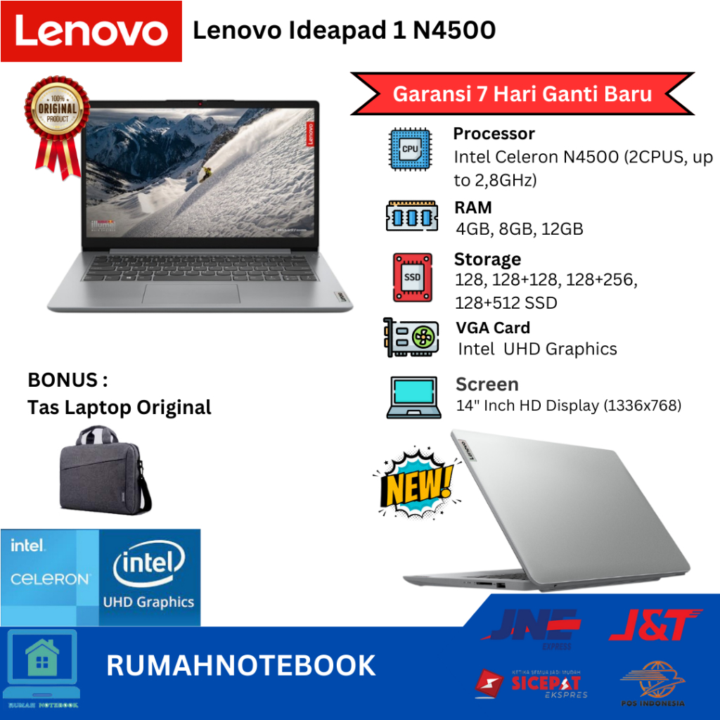Laptop Baru Lenovo Ideapad  1 Intel N4500 2 Cpus up to 2,8Ghz | AMD Ryzen 3 7320U 8Cpus up to 4.1Ghz