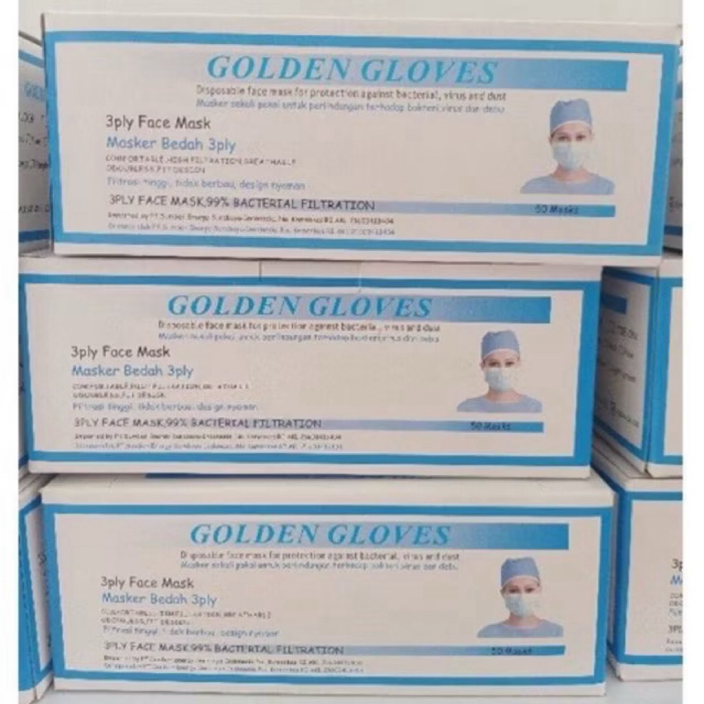 Masker Medis 3 Ply Golden Gloves. 50 pcs