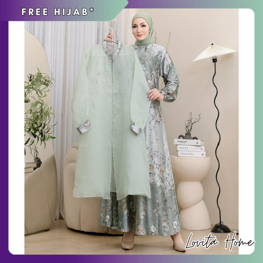 COD - Setelan Gamis Outer Organza DAHLIA Payet Premium / Baju Muslim Bahan Organza / Baju Kurung Mel