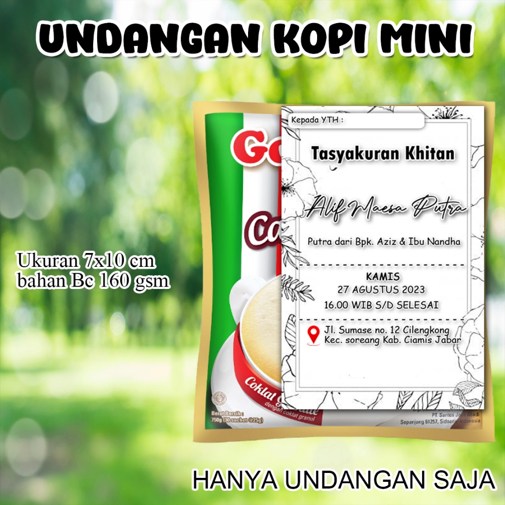 Undangan mini kopi KM 04 khitanan pernikahan ukuran 7.5 x 9 Cm bahan Karton BC