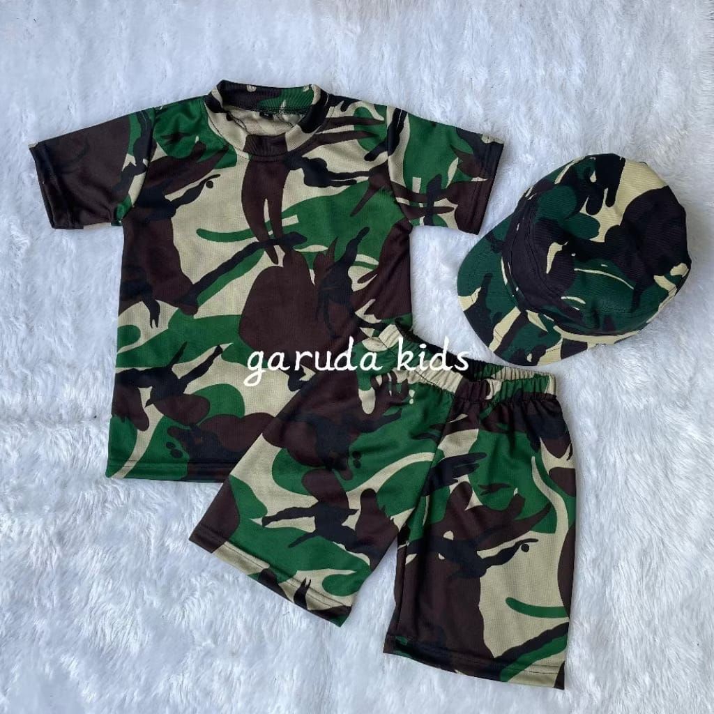 Setelan Baju Anak Loreng Tentara Army – Set 3 in 1 (Kaos, Celana, Topi)