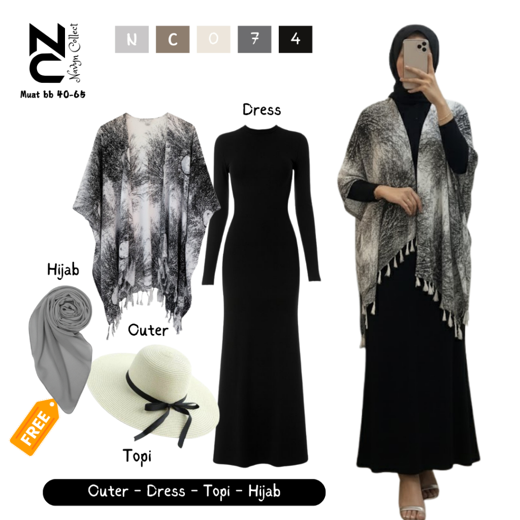 One Set Wanita Pantai Outer, Dress/Cutbray, Topi, FREE Hijab Outfit Lebaran, Bukber, Pantai NC0074