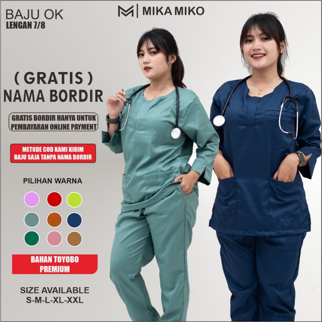MIKAMIKO - BAJU OKA PERAWAT [GRATIS BORDIR NAMA] OK LENGAN 7/8 RESLETING Scrub DOKTER STENEN DINAS B