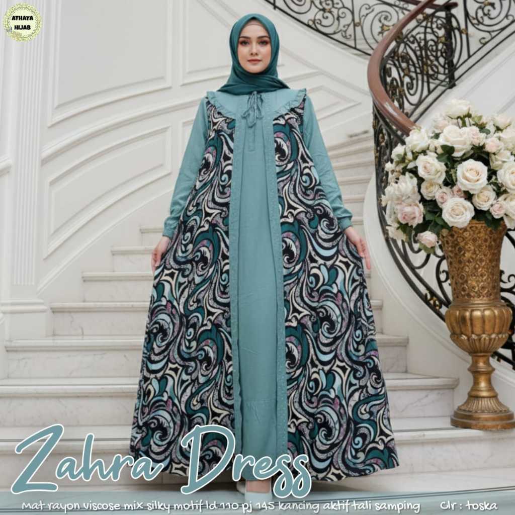 Zahra Dress Gamis Original ATHAYA HIJAB Bahan Rayon Viscose Mix Silky Motif Premium Long Dress Kanci