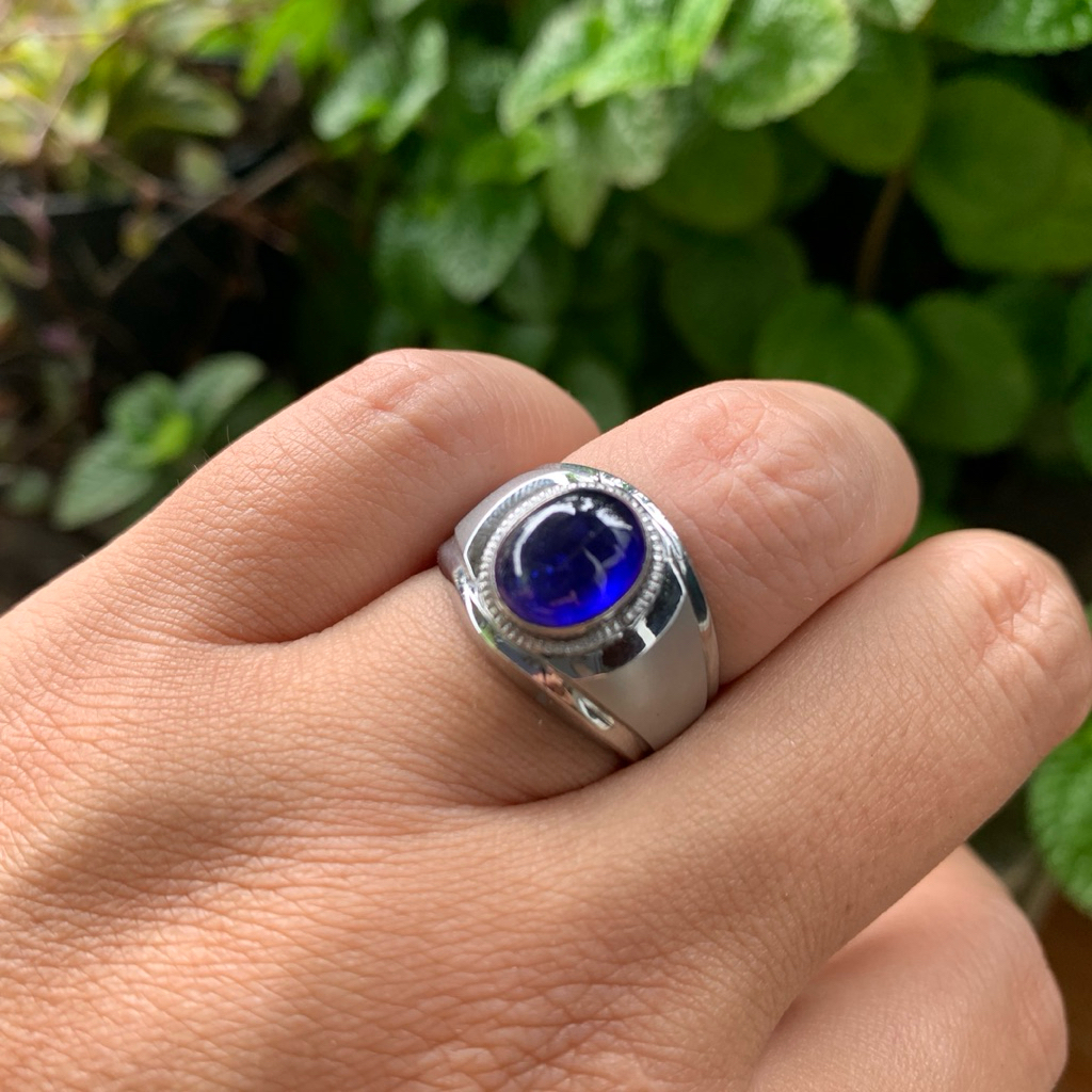 Cincin Batu Natural Royal Blue Safir Cabochon Memo Ring Monel Handmade Size 7