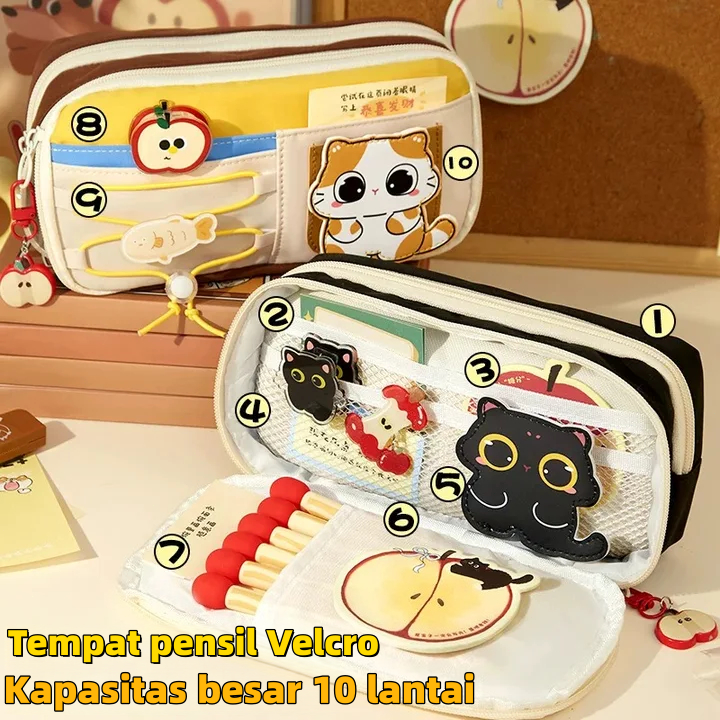 [COD]Kotak Pensil Anak Kucing Hitam Lucu Dengan Velcro/Kotak Pensil Korea Besar/kotak pensil serut y