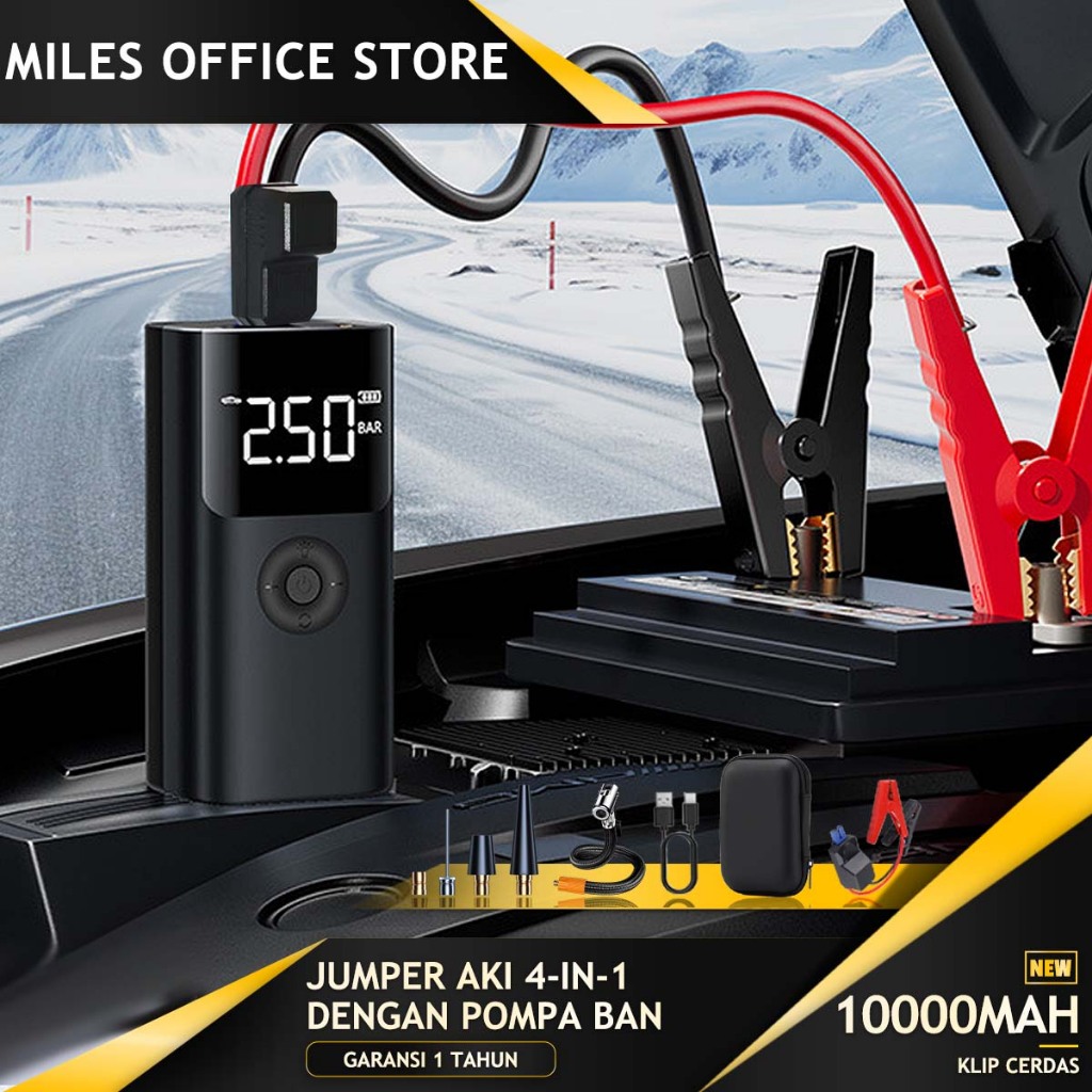 Jumper Aki Mobil Portable 10000mAh 12V Dan Pompa Ban Dilengkapi Power Bank Dan Lampu LED Jumper Aki