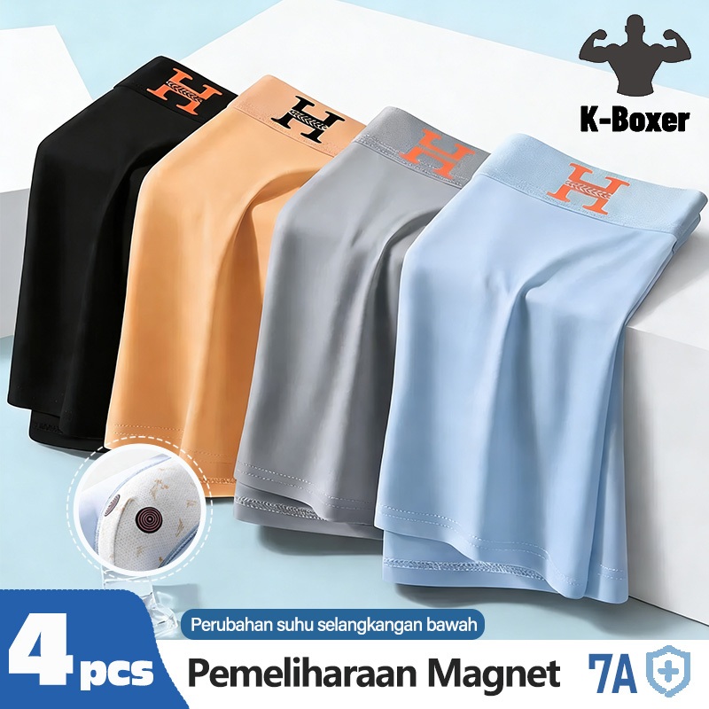 [ K-Boxer ISI 4PCS]Celana Dalam Pria /Celana Dalam Boxer Pria Antibakteri/Sutra Es Pria Terapi Magne