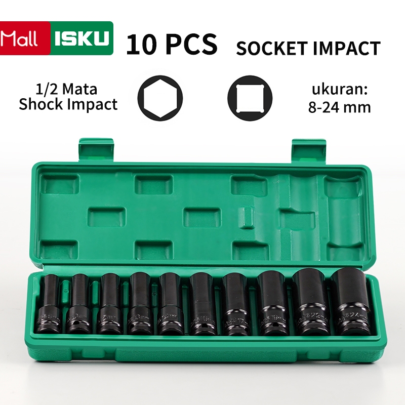 ISKU Kunci Socket Extention Impact 10pcs Bahan Cr-Mo Panjang Mata Sock Impact 1/2‘’ 6pt 10-24mm Kunc