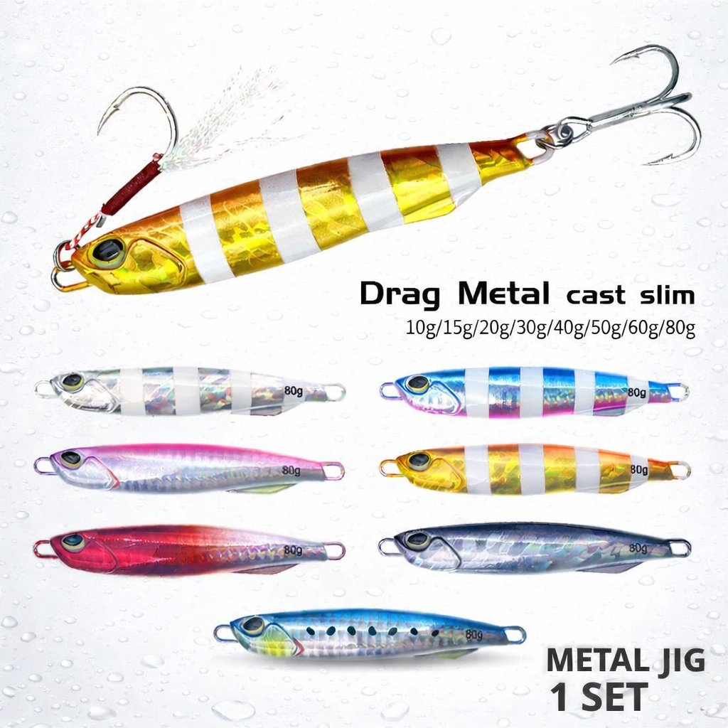 Metal Jig 1 Set Drag Metal Cast Slim 10g–80g Umpan Casting Jigging Laut