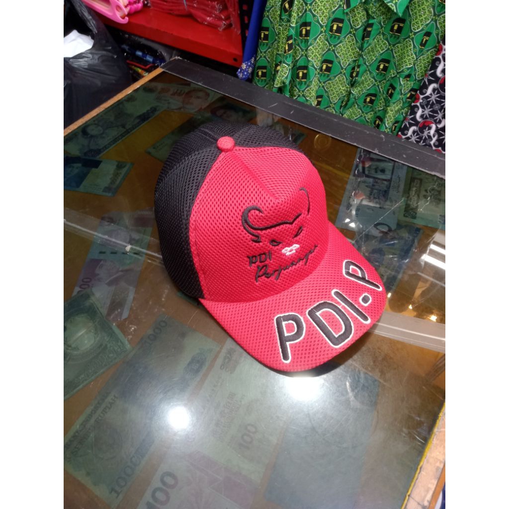 TOPI PARTAI PDI PERJUANGAN BORDIR LOGO BAHAN DAOBLE MESS