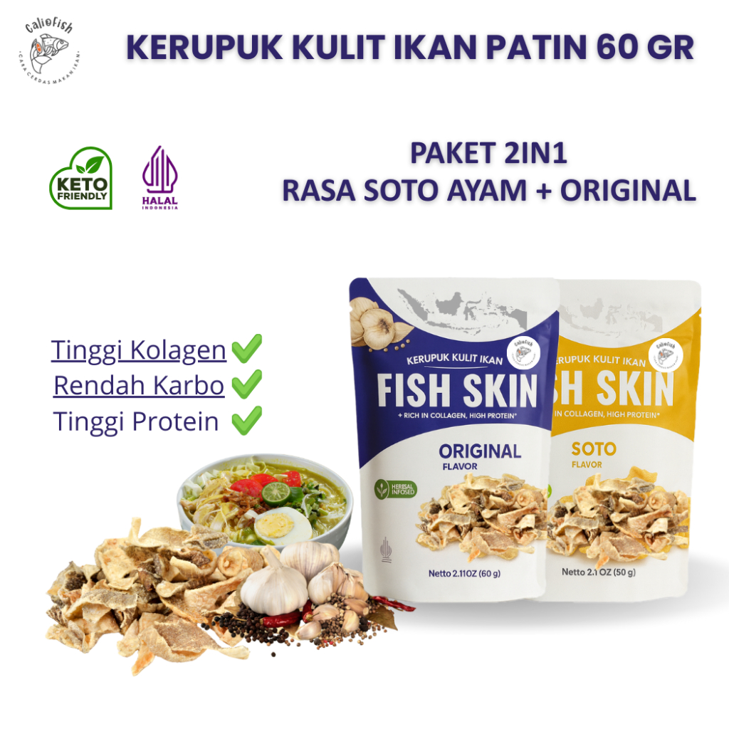 Caliofish Fish Skin Snack Paket Gurih Original Dan Soto Camilan Diet Low Carbo